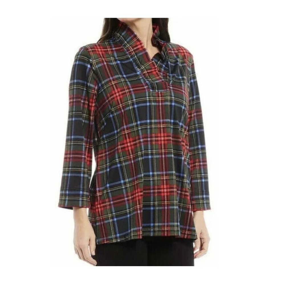 Ali Miles‎ Tartan Plaid Scoop Ruffle Neck Size M Tunic Top Long Sleeve